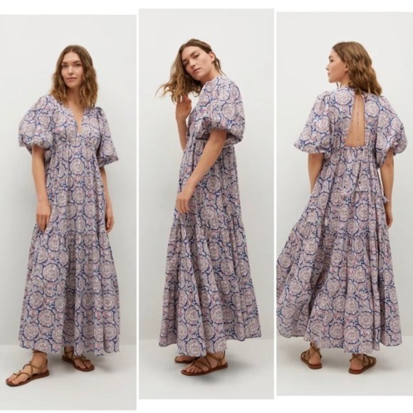 Mango Bohemian Puff Sleeve Maxi Dress 8 